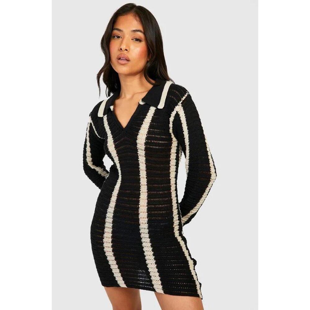 Women’s‎ boohoo Stripe Crochet Knitted Mini Dress Black Collar Boho US 4 Beach